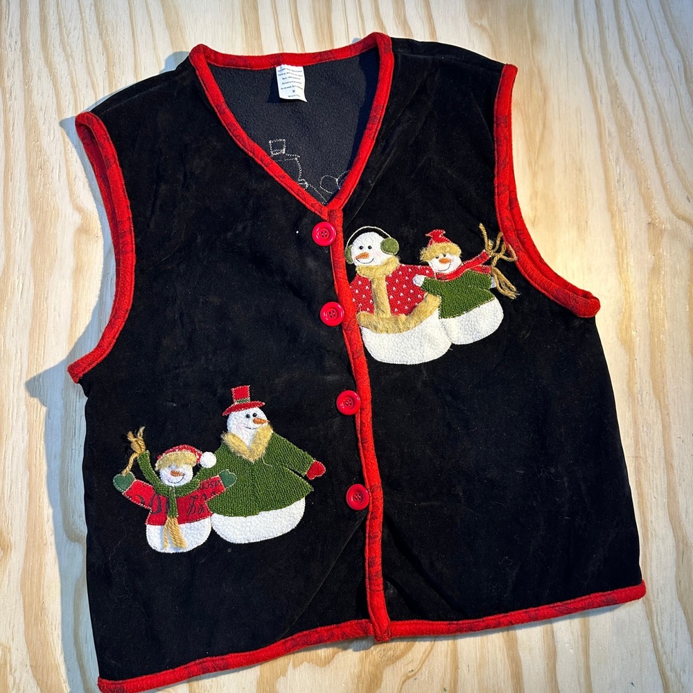 Snowman Christmas Vest Womens Medium Black Red Embroidered Holiday Flocked